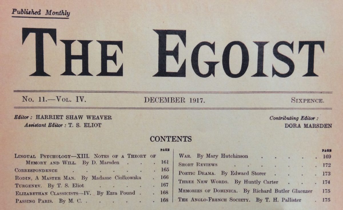 Table of contents, The Egoist, December 1917.