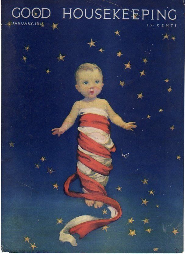 Good Housekeeping January 1918 cover showing swaddled baby in front of starry sky.