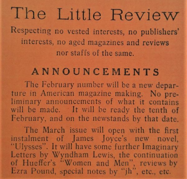The Little Review announcement of Ulysses publication, 1918