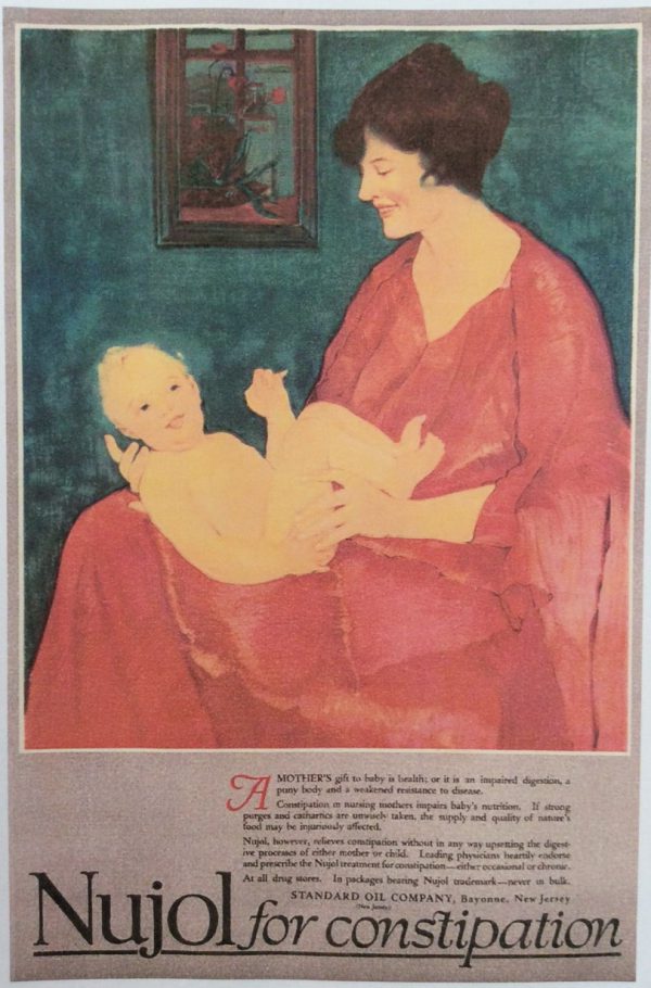 Nujol constipation ad, painting of mother holding baby. 1918.