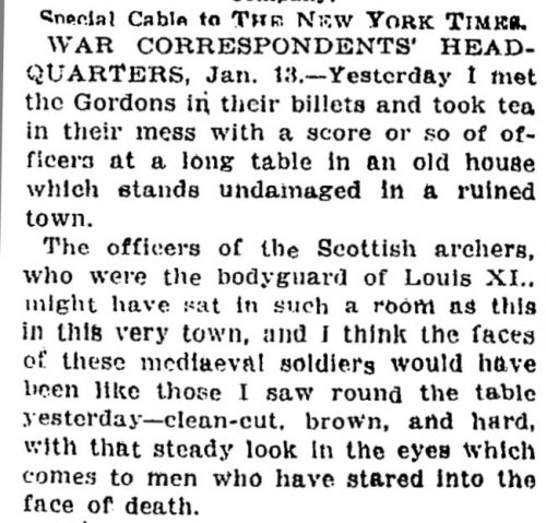 New York Times text, "Yesterday I met the Gordons in their billets and took tea..."