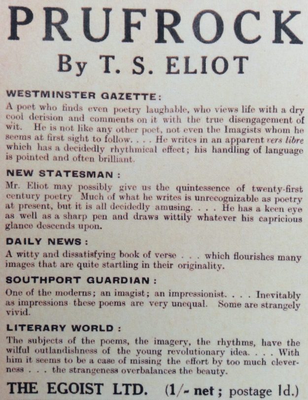 Advertisement for Prufrock by T.S. Eliot.