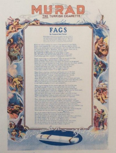 Poem, Fags, Murad cigarette advertisement, 1918.