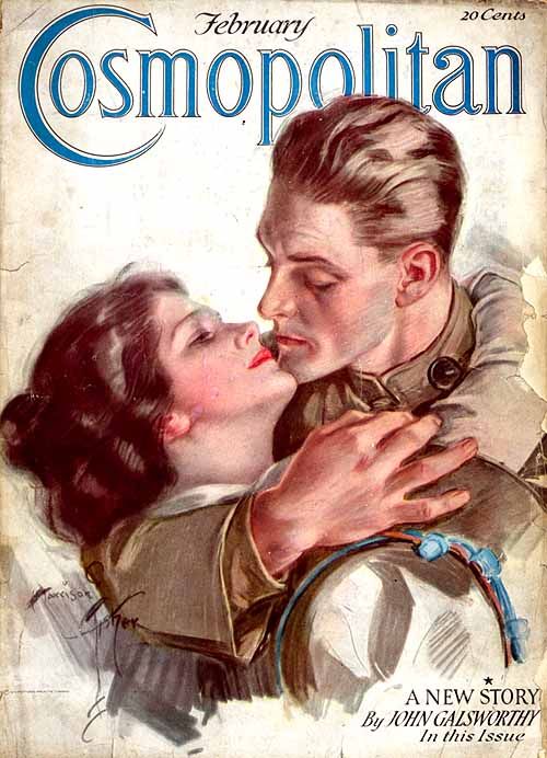 Harrison Fisher Cosmopolitan cover, soldier kissing wife, February 1919.