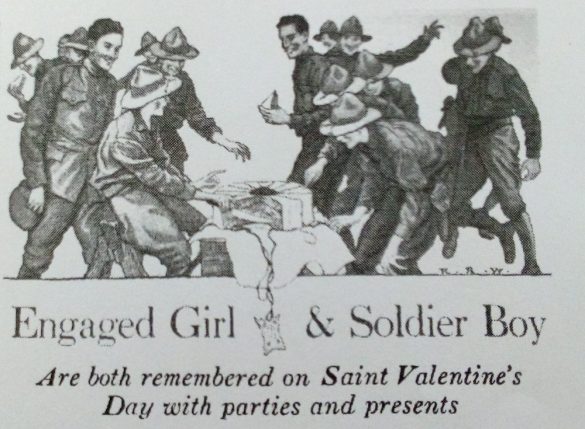 Woman's Home Companion illustration, Engaged Girl and Soldier Boy Valentine's Day parties, February 1918.