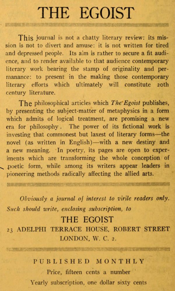 Little Review ad for The Egotist, "obviously a journal of interest to virile readers only."