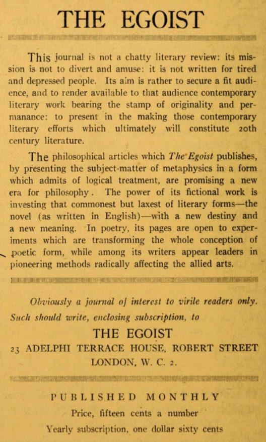 Little Review ad for The Egotist, "obviously a journal of interest to virile readers only."