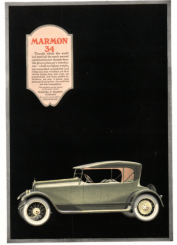 Marmon 34 ad, 1918, car on black background.