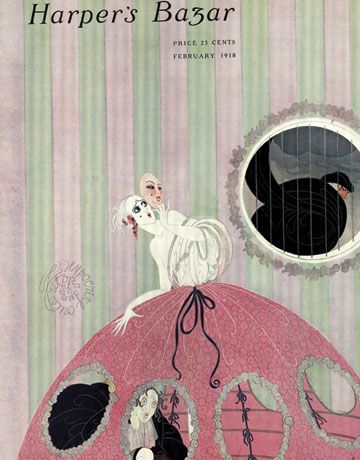 Erté Harper's Bazar cover, February 1918, masked woman looking out window at man.
