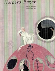 Erté Harper's Bazar cover, February 1918, masked woman with man hiding under her hoop skirt.