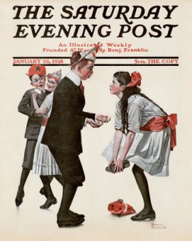 Norman Rockwell Saturday Evening Post cover, boy stepped on girl's toe at dance, January 26, 1918.