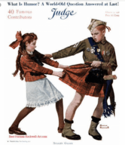 Norman Rockwell Judge magazine cover, girl grabbing tartan skirt from brother dressed as a Scottish soldier.