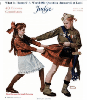 Norman Rockwell Judge magazine cover, girl grabbing tartan skirt from brother dressed as a Scottish soldier.