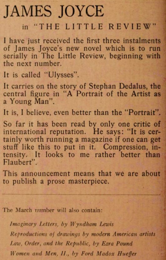Little Review ad for Ulysses serialization, February 1918.