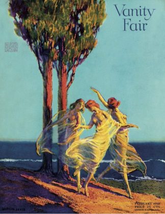 Vanity fair cover, three topless nymphs dancing in front of a tree, February 1919.