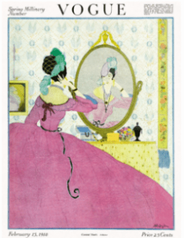 Helen Dryden Vogue cover, February 1918, woman in pink hoop skirt looking into mirror.
