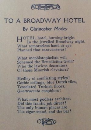 Christopher Morley poem, To a Broadway Hotel, Smart Set magazine, 1918.