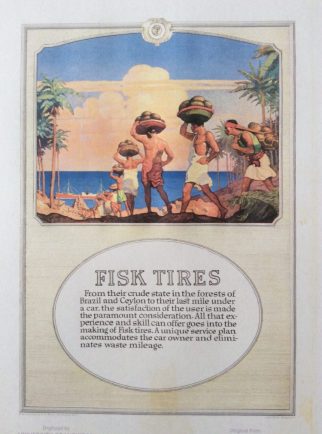 Fisk Tires ad with dark-skinned men carrying things on their heads next to palm trees, 1918.