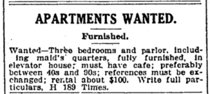 New York Times ad for a three-bedroom furnished apartment, $100 a month, March 1918.