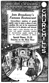 Churchill's Restaurant ad, New York Times, 1918.