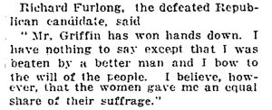 New York Times article quoting a defeated Republican candidate saying "I was beaten by a better man," 1918.