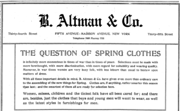 B. Altman ad, The Question of Spring Clothes, March 1918.
