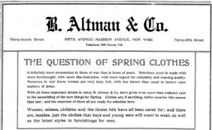 B. Altman ad, The Question of Spring Clothes, March 1918.