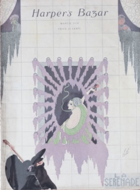 Harper's Bazar cover by Erté showing masked man serenading a woman, March 1918.