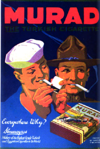 Murad cigarette ad showing a sailor and soldier lighting cigarettes, 1918.