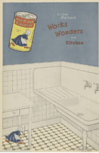 Old Dutch Cleanser ad showing tiny woman cleaning a kitchen floor, 1918.
