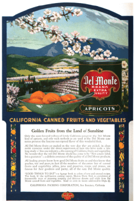 Del Monte advertisement showing bowl of apricots in front of mountain scene, 1918.