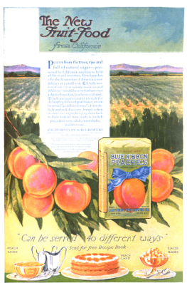 Blue Ribbon peaches ad showing peaches in front of a field, 1918.