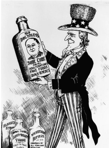 Cartoon of Uncle Sam holding bottle saying Old Doc Wiley's Sure Cure.