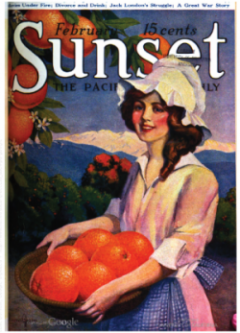 Sunset magazine cover, February 19, woman holding a basket of oranges.