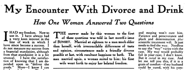 Sunset magazine headline and story text, My Encounter with Divorce and Drink, February 1918.