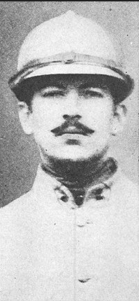 Poet Alan Seeger in military uniform with helmet.