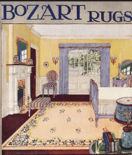Bozart Rugs ad, 1918, bedroom with colorful rug and furnishings.
