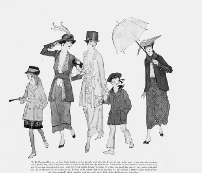 Drawing of the De Pinna family, owners of the De Pinna department store, wearing Easter finery, Harper's Bazar, April 1918.