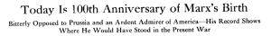 New York Times headline, Today is 100th Anniversary of Marx's Birth.