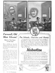 1918 advertisement for Alabastine showing disembodied faces on walls.