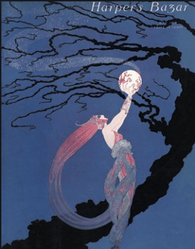 Harper's Bazar magazine cover, May 1918. Erté illustration titled Fireflies. Woman holding up globe with fireflies.