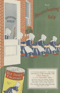 1918 Old Dutch Cleanser ad. Hooded women leaving employment bureau.