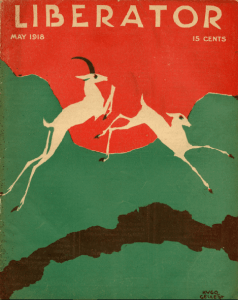 May 1918 Liberator cover by Hugo Gellert. Illustration of jumping deer on abstract background.