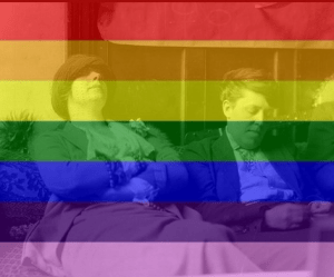 Photograph of Margaret Anderson and Jane Heap with rainbow flag tint.
