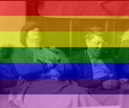 Photograph of Margaret Anderson and Jane Heap with rainbow flag tint.