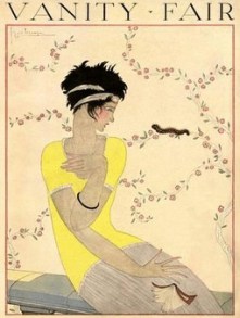 George Lepape July 1918 Vanity Fair Cover. Startled flapper looking at caterpiller on wall.