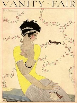 July 1918 George Lepape Vanity Fair cover showing startled flapper looking at caterpiller on wallpaper.