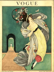 George Wolfe Plank August 1, 1918 Vogue cover. Startled woman with flowered hat looking at butterfly.