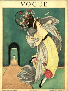 George Wolfe Plank August 1, 1918 Vogue cover. Startled woman with flowered hat looking at butterfly.