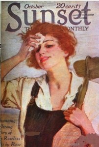 October 1918 Sunset magazine cover, farmerette in overalls wiping brow.